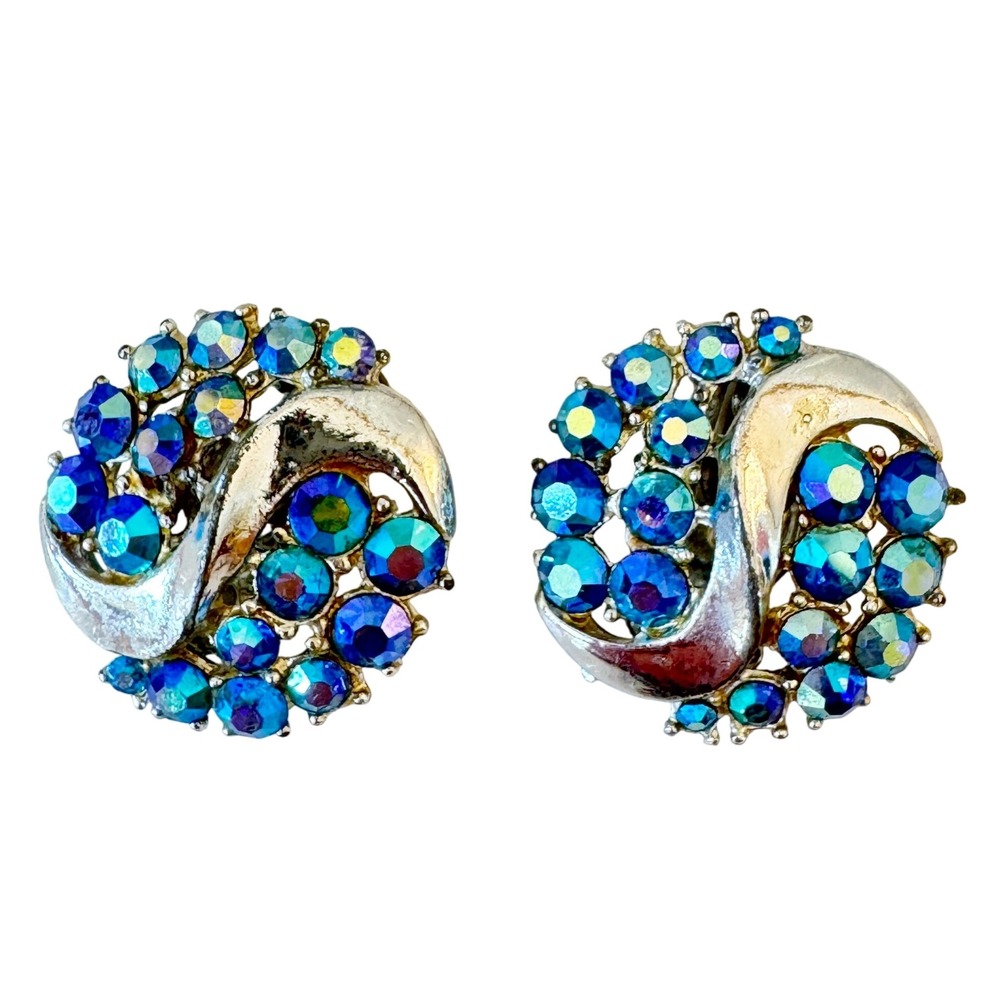 Vintage‎ Blue Aurora Borealis Statement Earrings, Clip On, Sparkly, Retro Glam